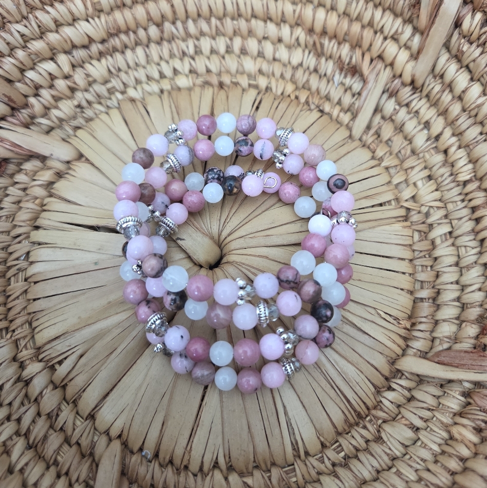 Rhodonite White Jade Violets Beaded Wrap Bracelet Boho Southwestern Artisan NEW